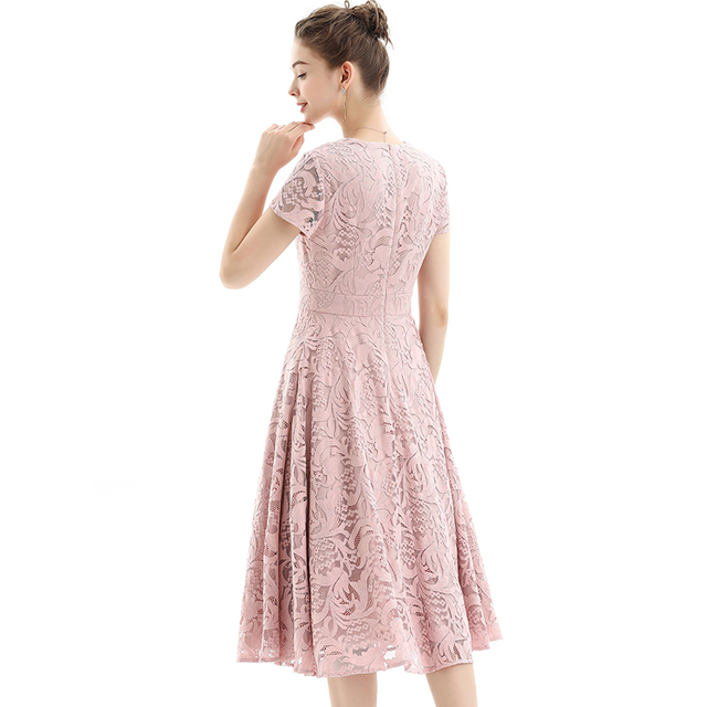 D062-2 Women Scroll leaf lace V neck cap sleeves flared midi evening dress