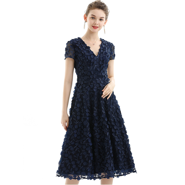 D063-1 Women 3D flower embroidered tulle V neck cap sleeves flared midi evening dress