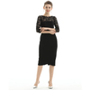 D072 Women Polyester knit scallop lace panel three-quarter sleeves fitted party midi dress