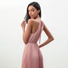 D208-1 Women solid heavy georgette halter neck pleated midi dress