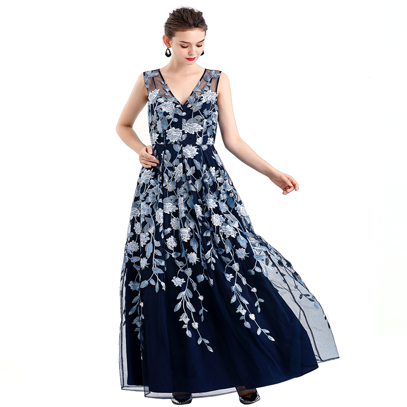 D055 Women All-over floral embroidered V neck sleeveless full circle flared maxi evening dress