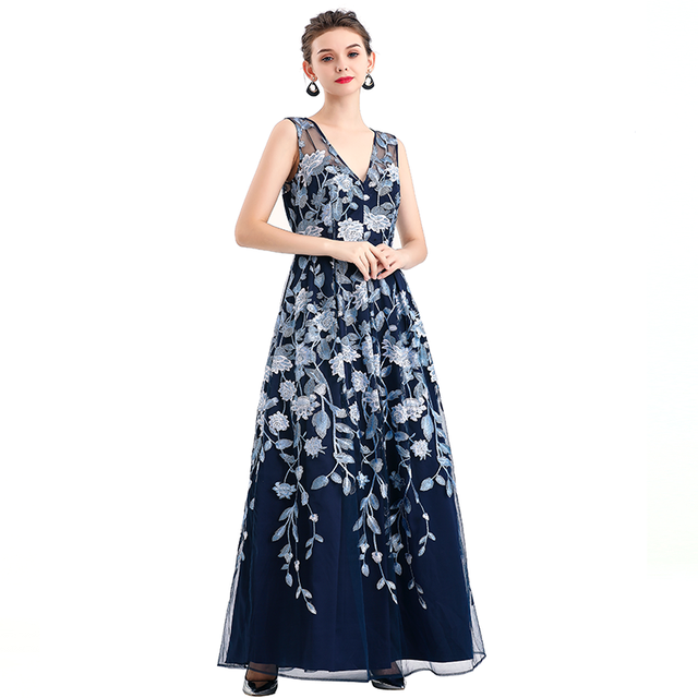 D055 Women All-over floral embroidered V neck sleeveless full circle flared maxi evening dress