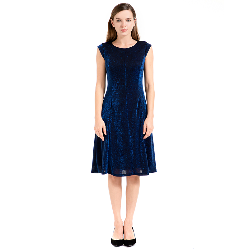 D026 Women Semi-sheer metallic knit round neck sleeveless A-line flared midi party dress