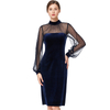D030 Women Velvet knit mock neck long puff sleeves fitted midi party dress