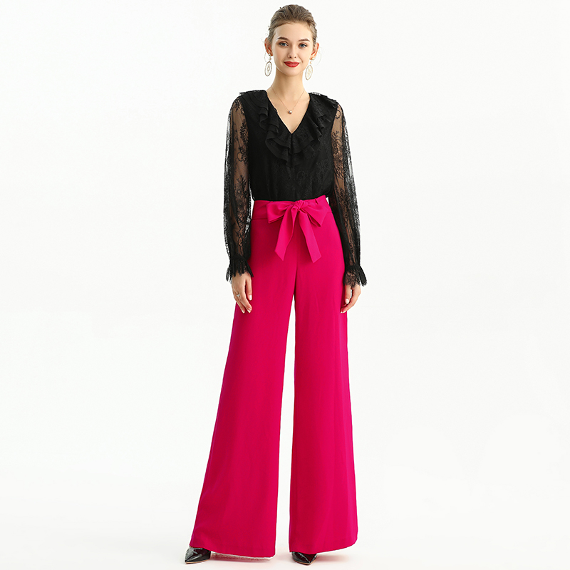 P184 Women Solid wide leg full length formal tailored trousers