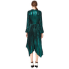 D042 Women Metallic knit long sleeves pleated handkerchief-hem midi party dress