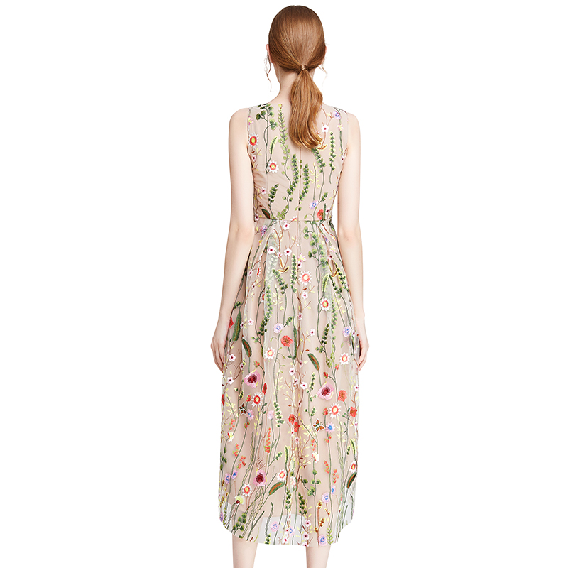 D006 Women All-over floral embroidered tulle sleeveless asymmetric hem midi party dress