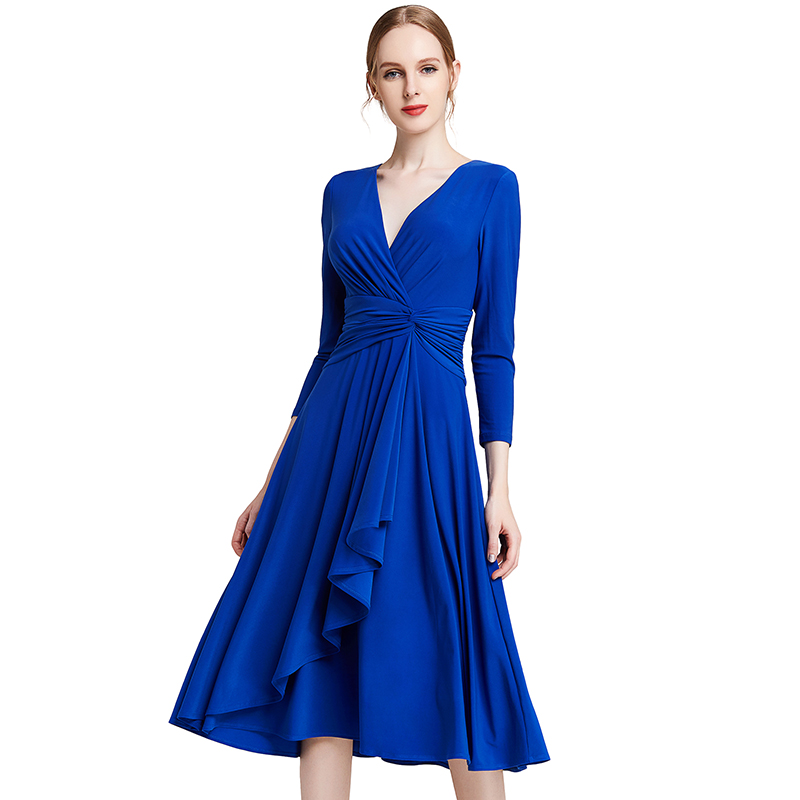 D010 Women Solid knit three-quarter sleeve mock wrap midi day dress