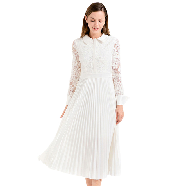 D017 Women Floral lace satin combo long sleeves shirt collar pleated midi party dress