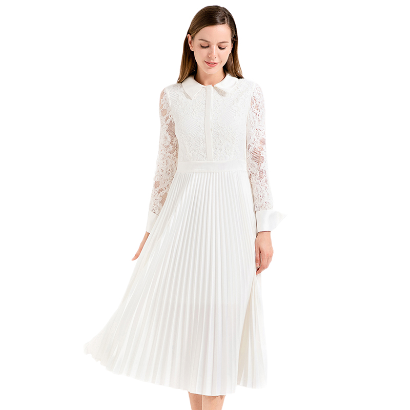 D017 Women Floral lace satin combo long sleeves shirt collar pleated midi party dress