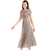 D013 Women Paisley print cap sleeves pleated midi day dress