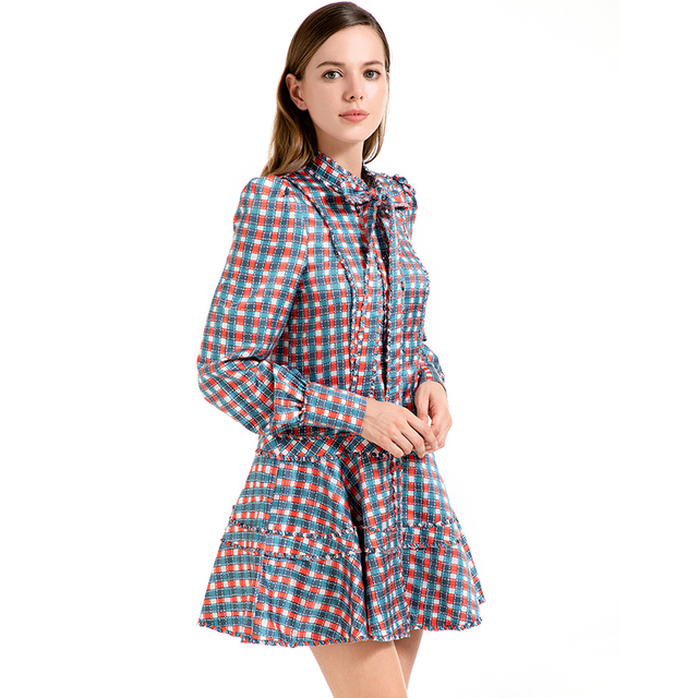 D011 Women Check print silk cotton long puff sleeves mini day dress