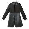 5969 Women Solid woven and faux leather combo zipper-waisted mid length jacket