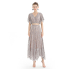T064-2 Women floral lace V neck flutter sleeve elasticated hem cropped blouse