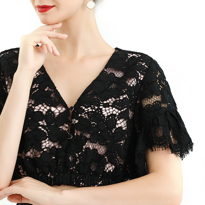 T064-6 Women Floral lace V neck flutter sleeve elasticated hem cropped tops