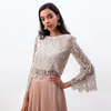 T228 Women 2-tone floral eyelash lace long bell sleeves scallop hem blouse