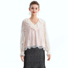 T150 Women Floral lace V-neck ruffled detail long sleeve blouse
