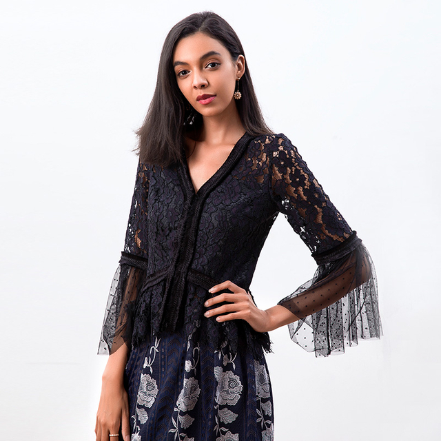 T183 Women Floral scallop lace Swiss-dot combo long sleeves braided trims evening blouse