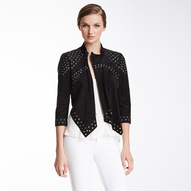 H026 Women faux suede panel eyelet embellished asymmetric short jacket