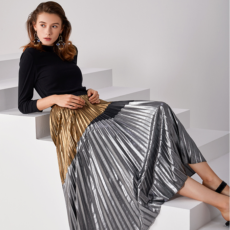 C018 Women Metallic printed color-block full circle sunburst pleated evening midi skirt