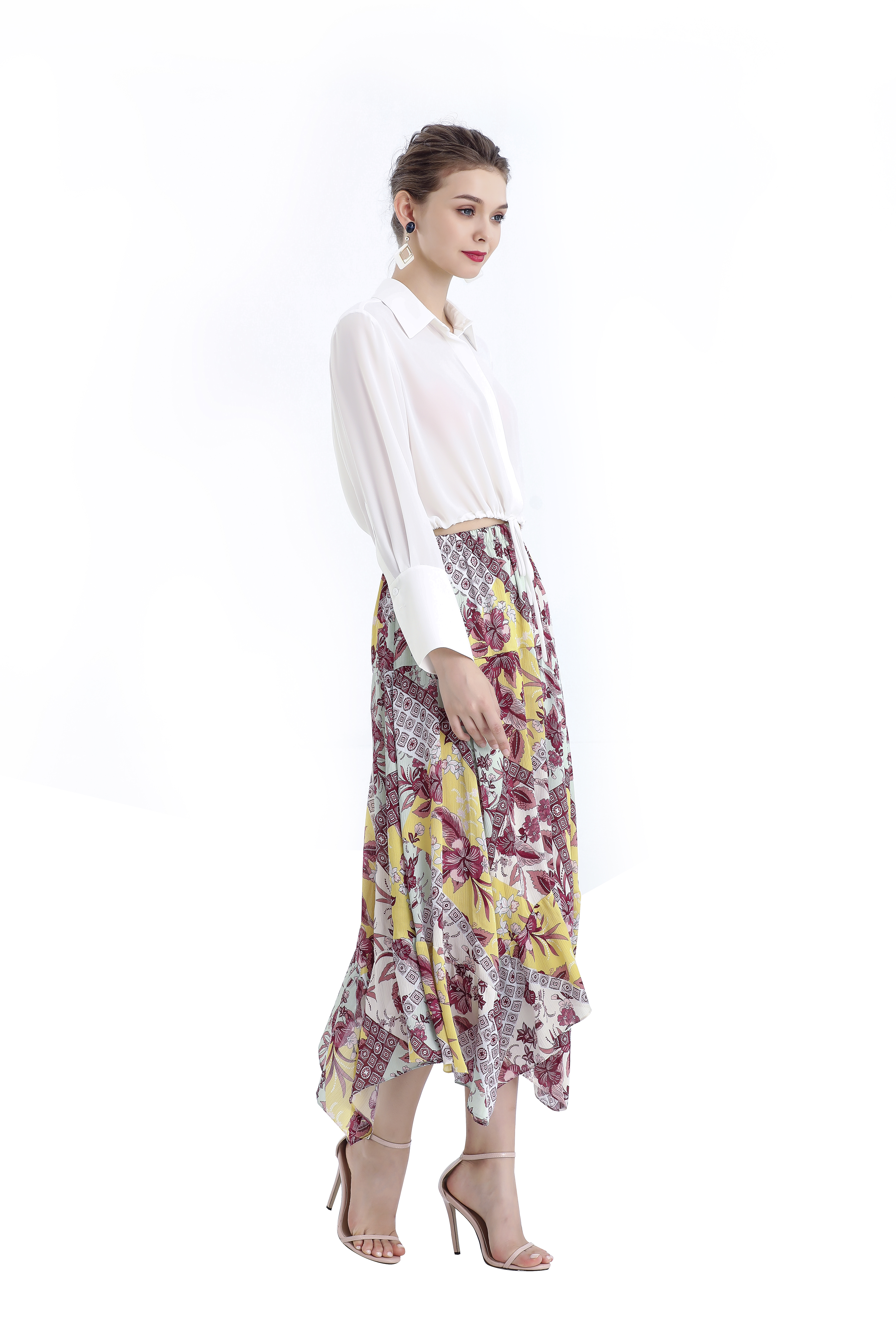 S068-5 Women Vintage print asymmetric panelled long flare handkerchief skirt