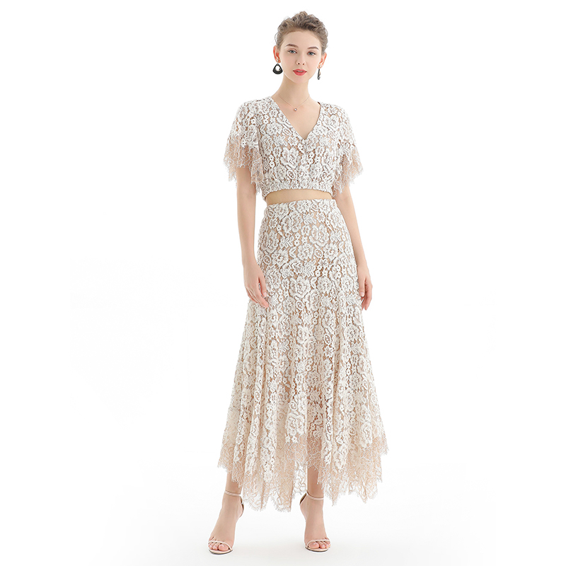S065 Women Floral lace asymmetric long flare handkerchief skirt