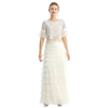 T122-2 Women 2-tone floral lace boat neck ruffled short sleeves blouse