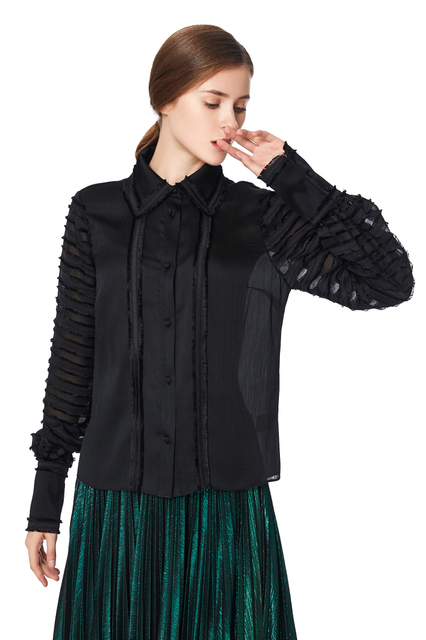 T034 Women Crinkle Polyester shirt collar fringed stripes detailing long sleeves blouse