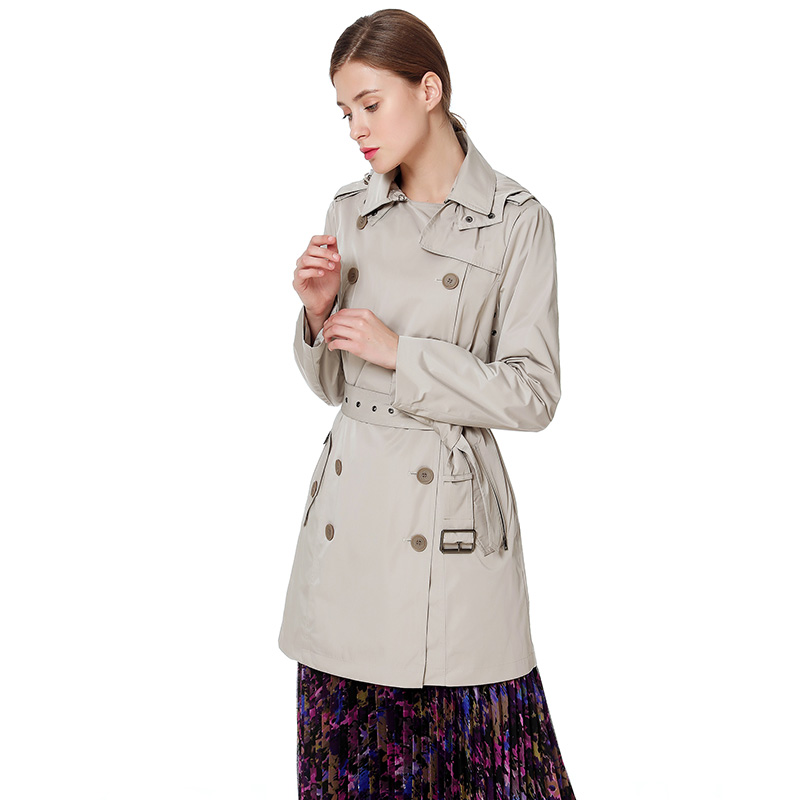 C141 Women Water resistant notch collar hooded double breasted trench coat.