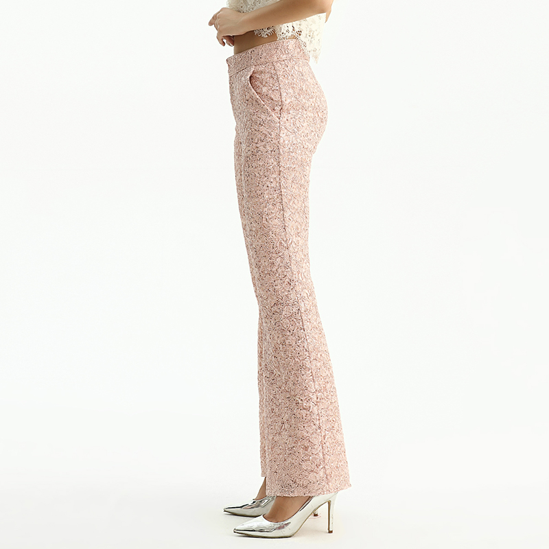 P164-1 Women Scattered sequin floral lace mid-rise boot-cut tailored evening trousers