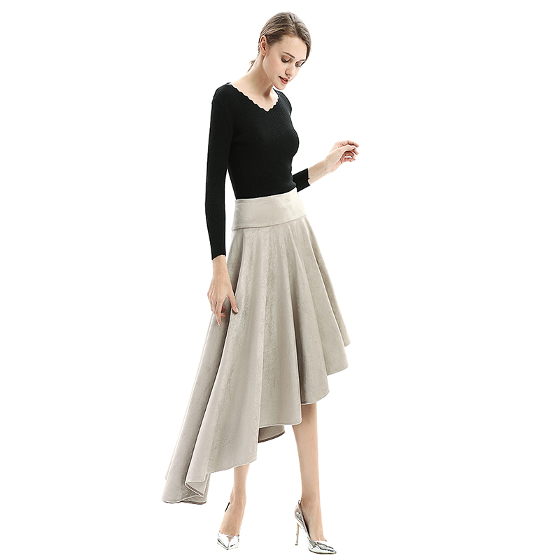 S145 Women Faux suede wide waistband full circle high low asymmetric flare skirt