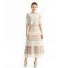 S149 Women Macramé lace-panel design Swiss dot tiered ruffle long skirt
