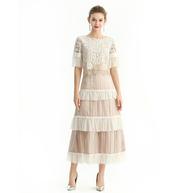 S149 Women Macramé lace-panel design Swiss dot tiered ruffle long skirt