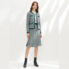 C153 Women Tweed plaid fringed hem A-line midi skirt