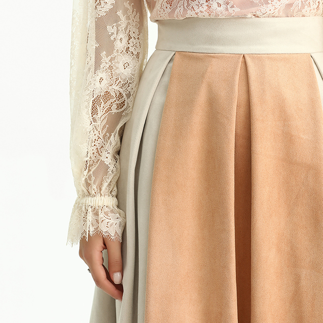 S136 Women Faux suede color-block inverted pleat A-line midi skirt