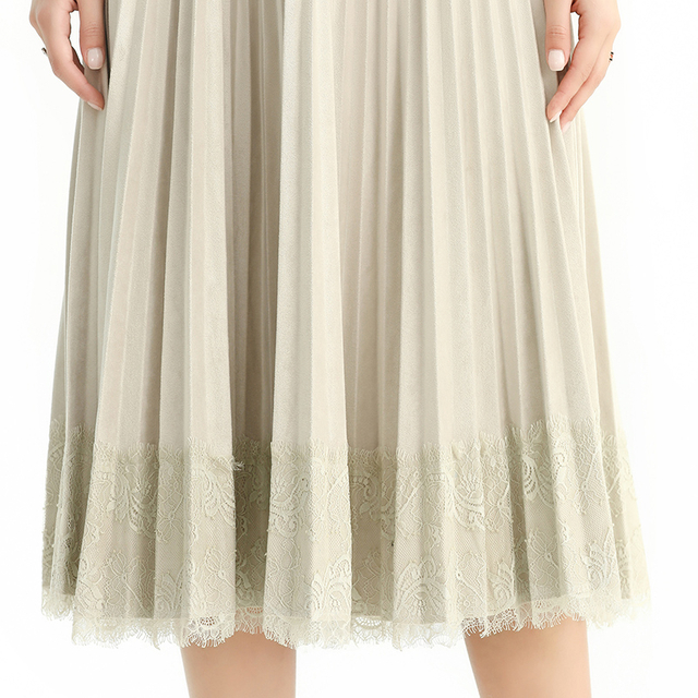 S126 Women Faux suede lace trimmed full circle sunburst pleated midi skirt