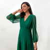D272 Women Silk crinkle chiffon long puff sleeves flounced mini dress