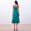 D261-2 Women Solid strappy tiered ruffle flared midi party dress