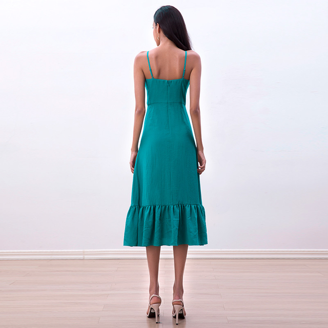 D261-2 Women Solid strappy tiered ruffle flared midi party dress