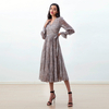 D262 Women Leopard print chiffon long puff sleeves wrap design pleated midi dress