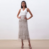 D187 Women sequin embellished V-neck fluted midi evening dress