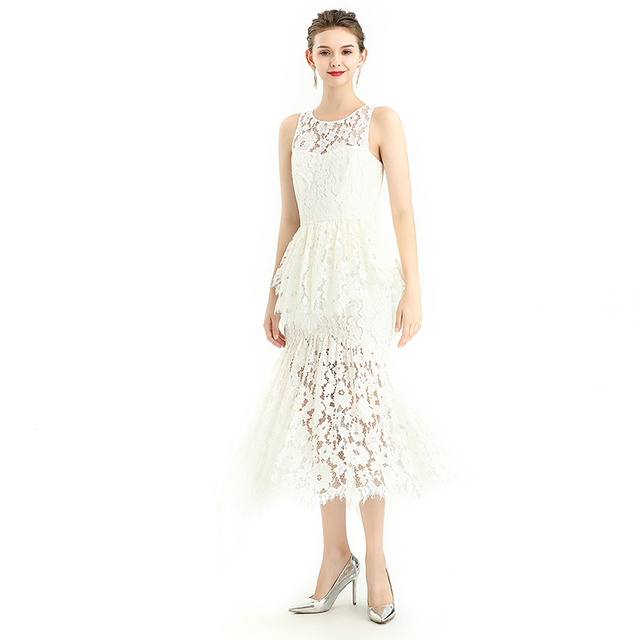 D085 Women Floral eyelash lace peplum-waist layered design mermaid dress