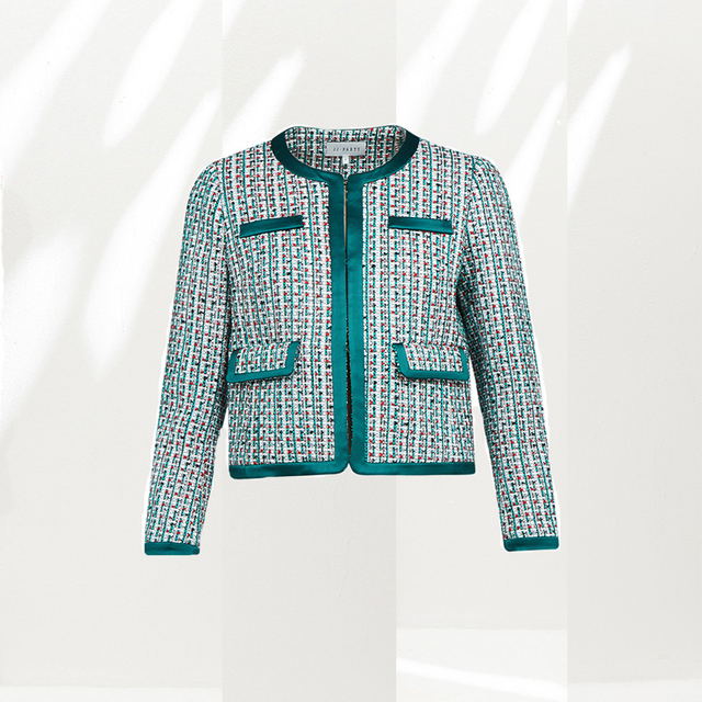 C152 Women Tweed plaid satin trimmed round neck short jacket