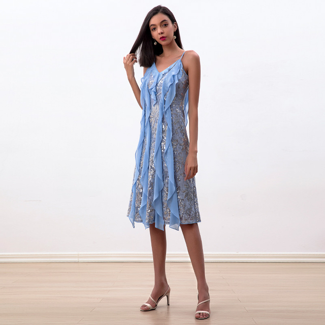 D227 Women sequinned lace spaghetti straps ruffled detail midi party dress