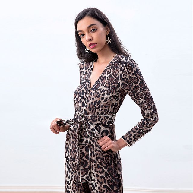 R171 Women Leopard print long sleeves flare leg jumpsuit 