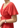 D416 Women Solid V-neck butterfly sleeves pintuck-detail flared midi dress