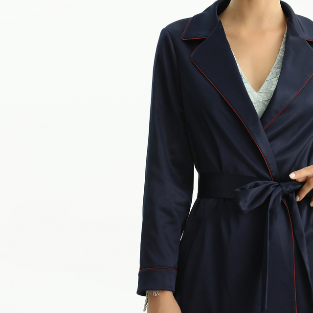 C096-1 Women Heavy satin long sleeves notched collar long wrap coat