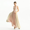 D209 Color Block Metallic Chiffon Pleated Maxi Evening Dress