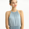 D208 Solid Satin Halter Neck Pleated Midi Evening Dress