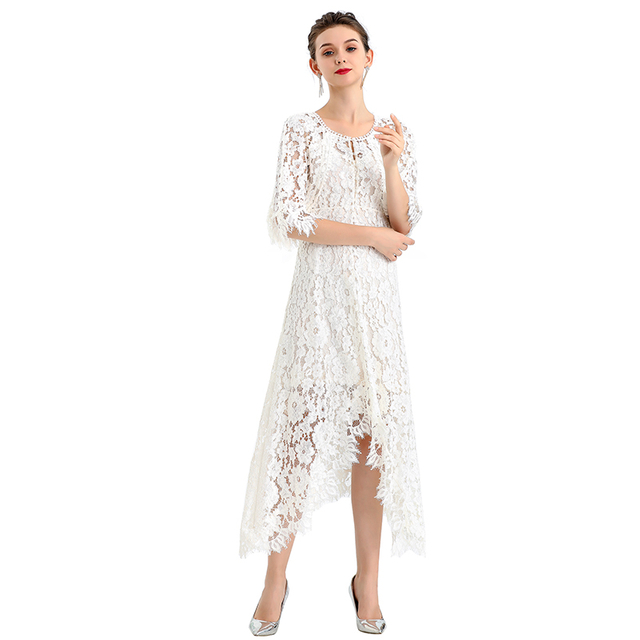 D078-4 Women Peony lace cape sleeve flared asymmetric hem midi evening dress